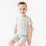 Boy wearing Grey Plaid Shorts Two piece set
