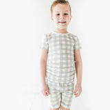Boy wearing Grey Plaid Shorts Two piece set